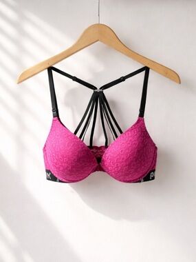 PINK Victoria's Secret Fuchsia and Black Strappy Bra | 32B | Push Up